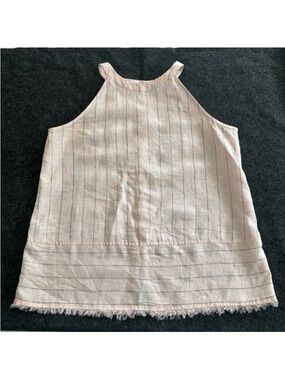 Pure Navy Saks Linen 100% Women's S Pink Stripe Raw Hem Back Button Blouse Tank